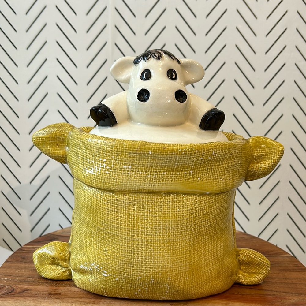 Vintage Cow Cookie Jar Yellow Burlap Sack Gunny Tow Country Kitchen Farmhouse - Picture 1 of 11